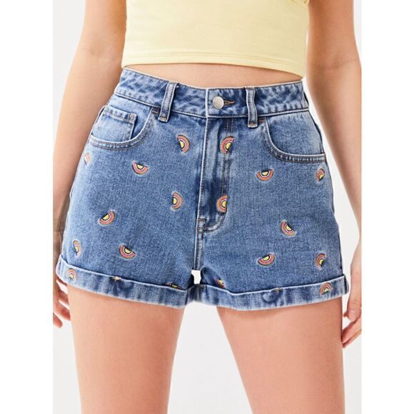 NWT Pacsun Rainbow Embroidered Mom Shorts Size 23 - Picture 1 of 6